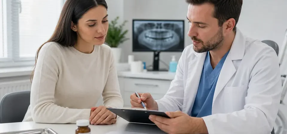 Dentist reviewing antibiotics and treatment after tooth extraction