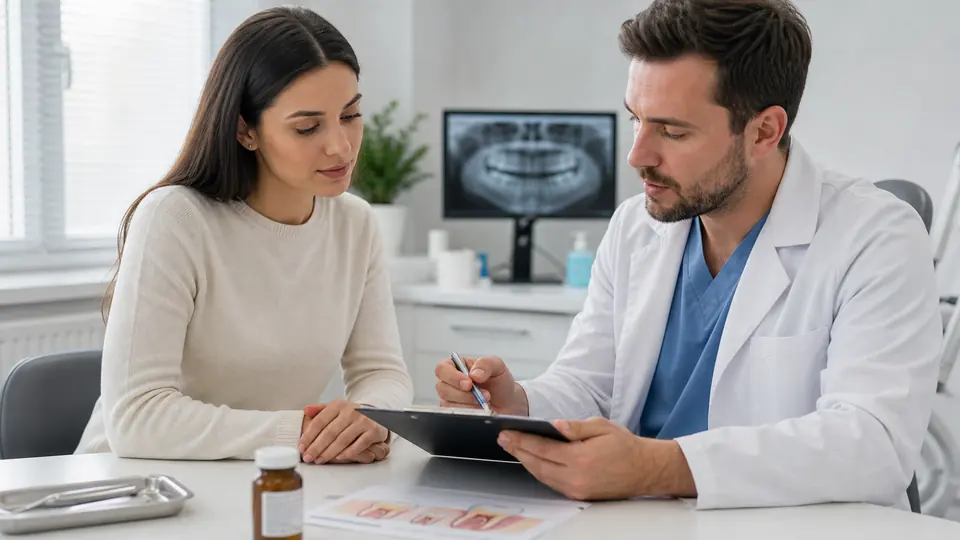 Dentist reviewing antibiotics and treatment after tooth extraction