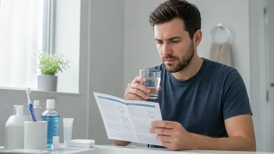 Patient reading aftercare instructions for bad taste after tooth extraction