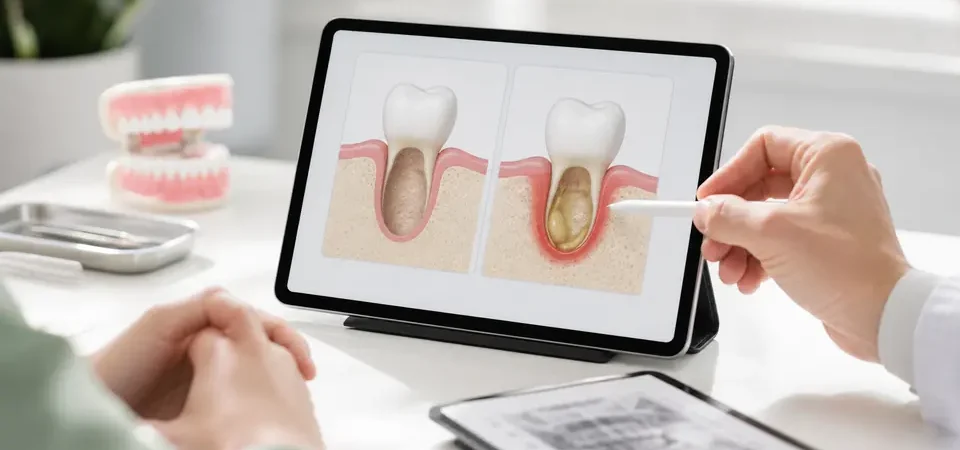 Educational dental image explaining dry socket vs infection
