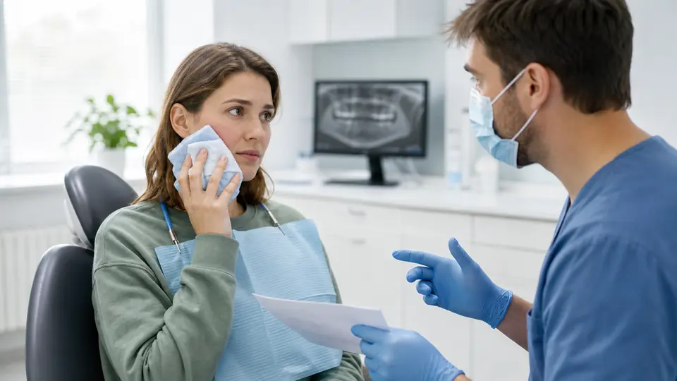 Patient using ice pack after wisdom teeth removal