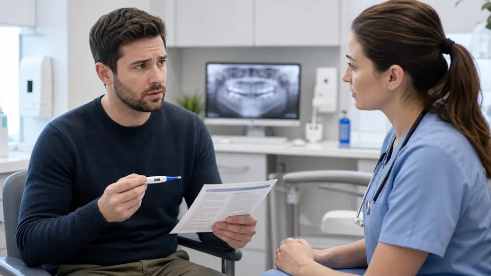 Patient discussing urgent dental infection symptoms with a clinician